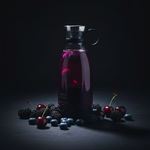 Schwarzer Mini Blender mit dunklen Beeren